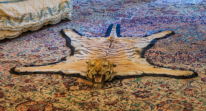 Gemusterter Teppich in Brauntönen, auf dem ein Tigerteppich liegt.