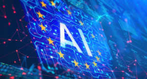 Digitales Konzeptbild mit dem Schriftzug „AI“ in leuchtenden Buchstaben, umgeben von einer blauen Schaltkreisstruktur. Gelbe Sterne symbolisieren eine Verbindung zur Europäischen Union, während rote Netzwerkverbindungen im Hintergrund zu sehen sind.
