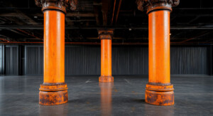 Drei massive, orangefarbene Säulen in einem industriellen Innenraum mit dunklem Boden und Decke. Die Säulen zeigen Spuren von Rost und Abnutzung, während der Hintergrund von dunklen, gerillten Wänden geprägt ist.