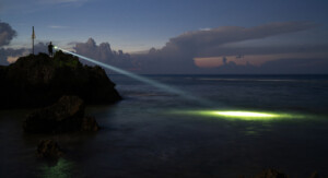 Eine Person steht bei Dämmerung oder Nacht auf einem Felsen am Meer und leuchtet mit einer leistungsstarken Taschenlampe über das Wasser. Der Lichtstrahl ist deutlich sichtbar und trifft weit draußen auf die Wasseroberfläche. Am Himmel sind Sterne und Wolken zu erkennen.