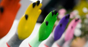 Mehrere farbige Arbeitshandschuhe mit schwarzer Beschichtung an den Fingerspitzen sind aufgereiht ausgestellt.