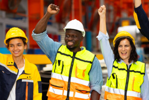 Drei Beschäftigte in Helmen und Warnwesten jubeln gemeinsam in einer Werkhalle.