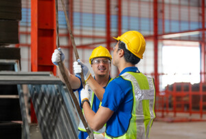 Zwei Bauarbeiter tragen Sicherheitshelme und Schutzwesten. Beide halten ein Seil und unterhalten sich. Die Szene findet auf einer Baustelle statt.