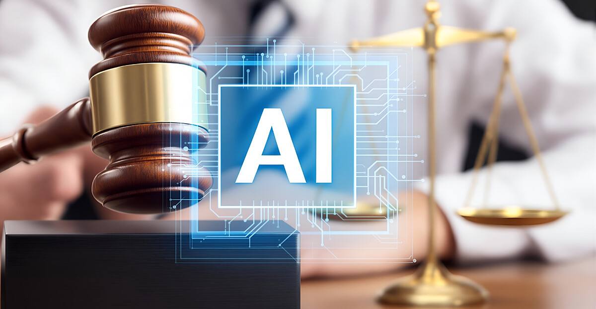 Richterhammer neben goldener Waage, davor leuchtet ein digitales Feld mit der Aufschrift „AI“.