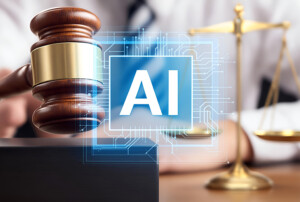 Richterhammer neben goldener Waage, davor leuchtet ein digitales Feld mit der Aufschrift „AI“.