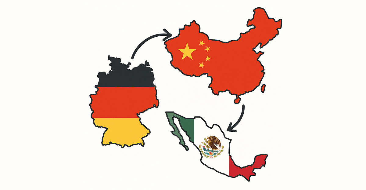 Eine grafische Darstellung von drei Ländern: Deutschland, China und Mexiko, die durch Pfeile miteinander verbunden sind. Die Länder sind jeweils mit ihren nationalen Flaggen hervorgehoben.